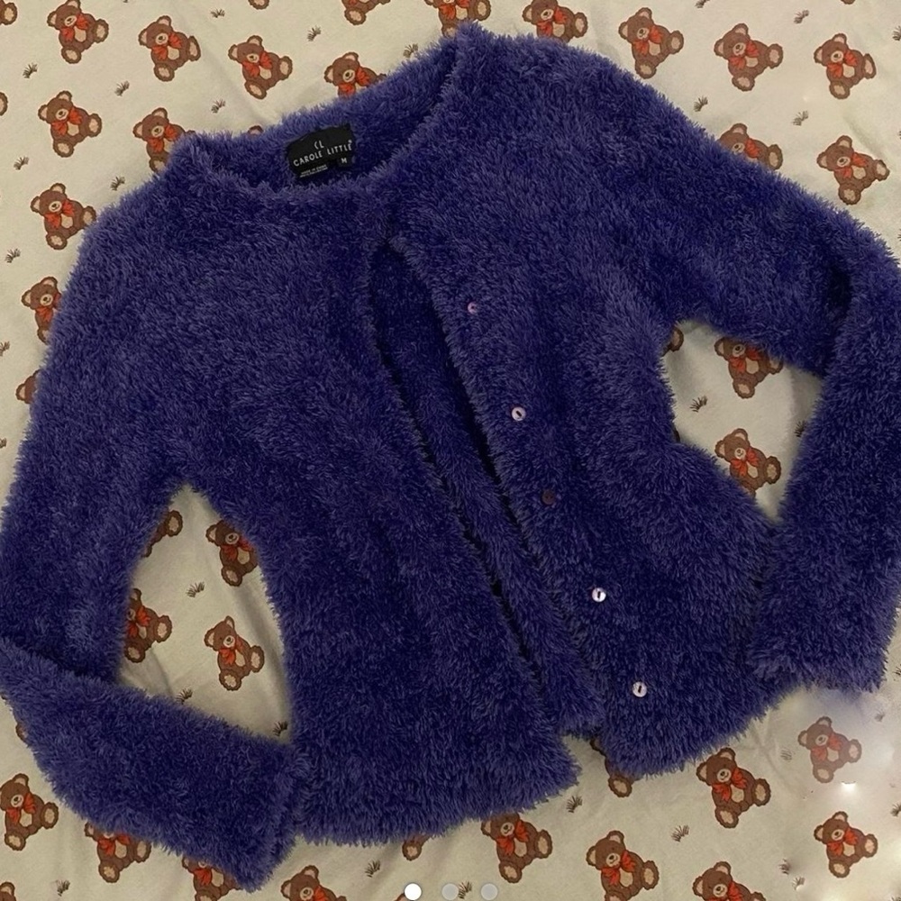 fuzzy purple button down sweater